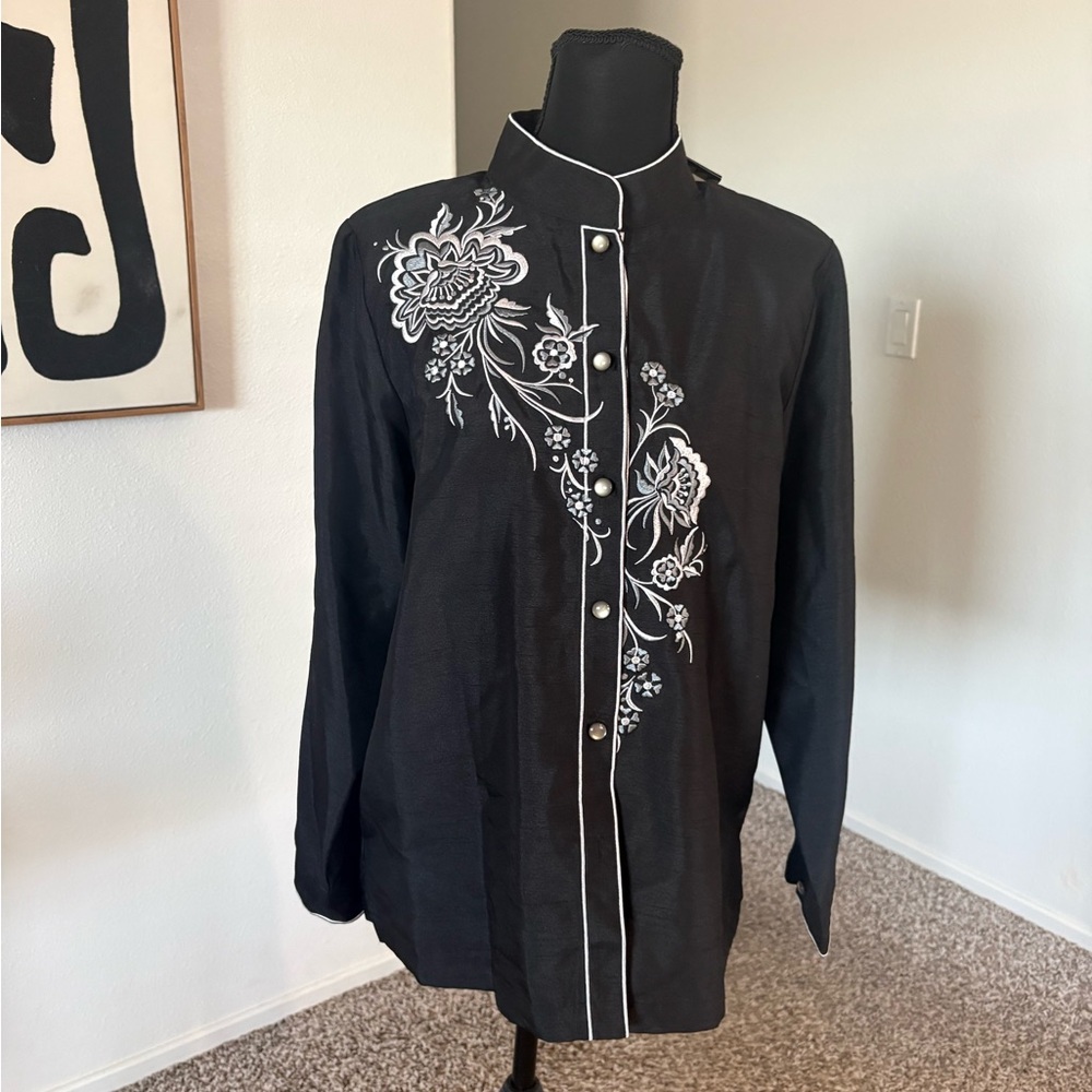 Bob Mackie Black Blouse with White Floral Embroidery